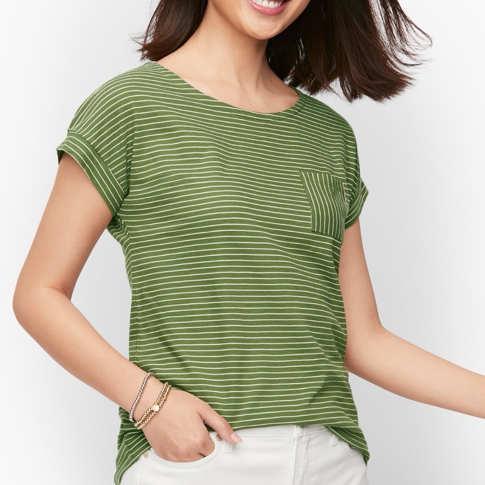 Talbots Olive Green White Pin Striped Pocket Tee Coastal Quiet Luxury Minimalist